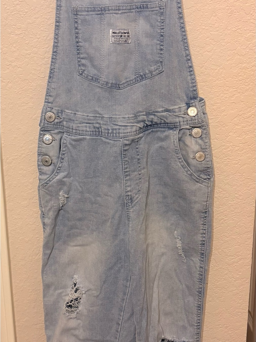 Wallflower Light Wash Distressed Denim Overalls